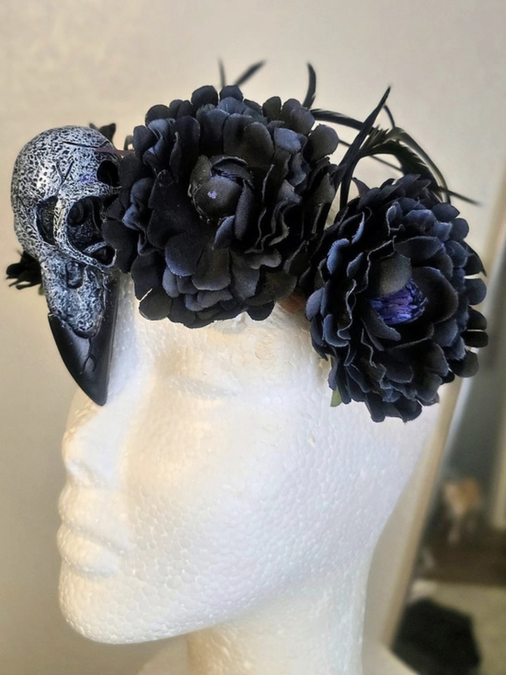 Black/Navy Gothic Raven Skull & Floral Headband NWOT - Picture 5 of 8